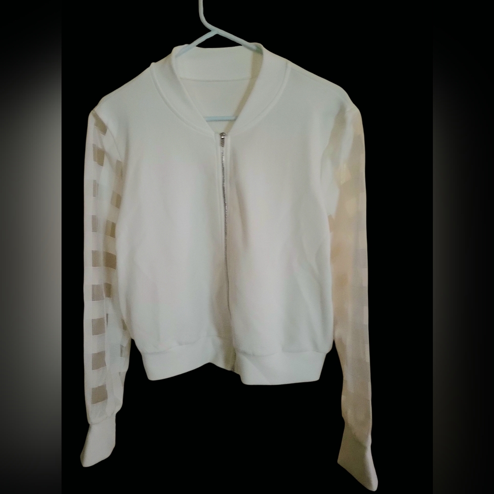 EUC Unbranded Women's White Contrast Zip Up Mesh Long Sleeve Bomber Jacket, Sz L